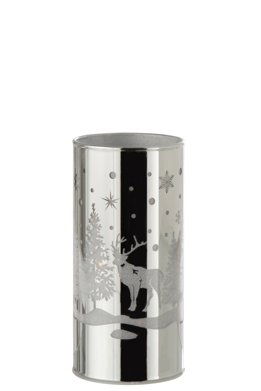 Zylinder Deko mit LED Silber Hirsch Tannen Winter 17x8 cm