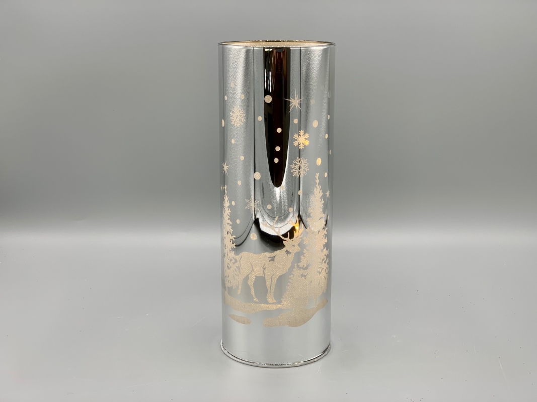 Zylinder Deko mit LED Silber Hirsch Tannen Winter 22x8 cm