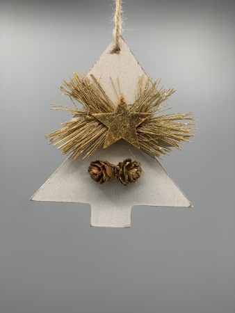Weihnachtshänger Tanne goldener Stern Kordel Holz weiß 12 x 12 x 2 cm