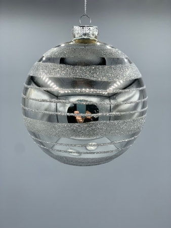 Weihnachtskugel Glas silber glänzend gestreift Glitter 10 cm