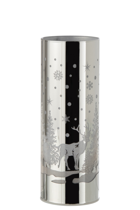 Zylinder Deko mit LED Silber Hirsch Tannen Winter 22x8 cm