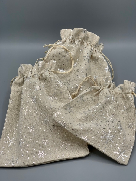 Geschenkesäckchen Tüte Tasche 3fach sortiert beige silber Schneeflocke Weihnachten