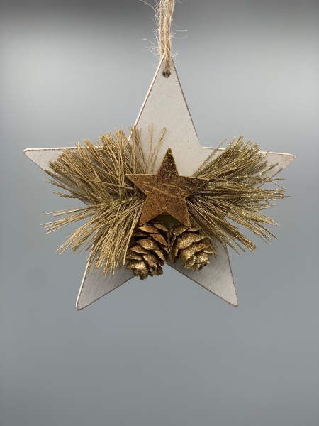 Weihnachtshänger Stern goldener Stern Kordel Holz weiß 12 x 12 x 2 cm