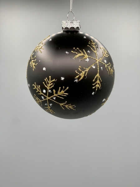 Weihnachtskugel Glas schwarz gold Glitter Schneeflocke 10 cm