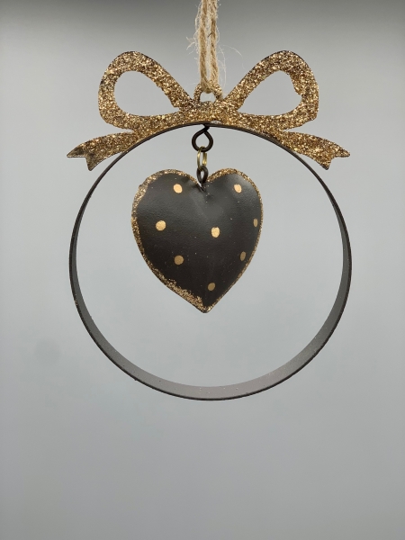 Weihnachtshänger Ring Metall schwarz gold Herz Schleife 8x10x1 cm