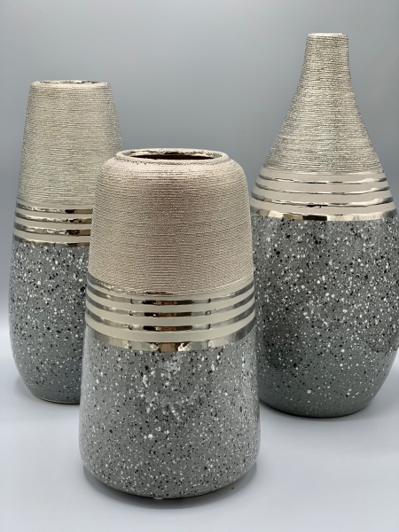 Vase bauchig Keramik 36 cm grau silber gesprengelt